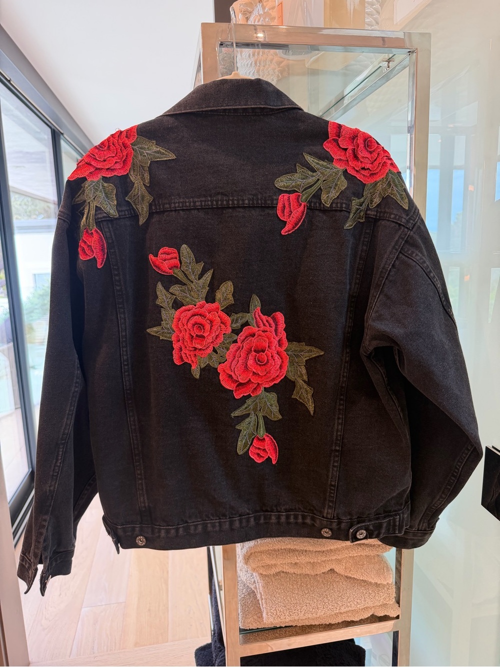 Carmar Black Denim Jacket with Red Rose Embroidery